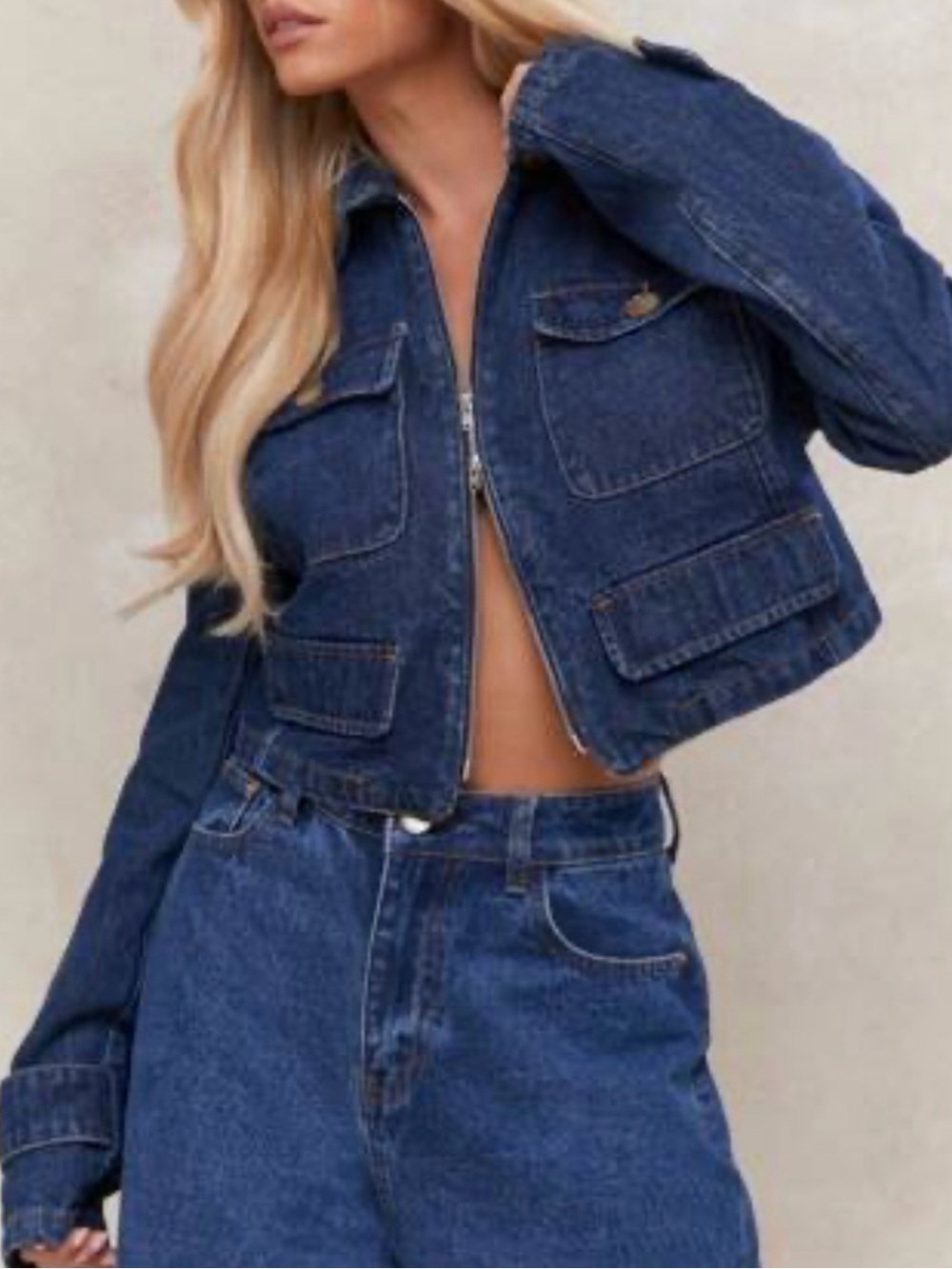 Missguided Dark Blue Cropped Denim Jacket with Front Zip